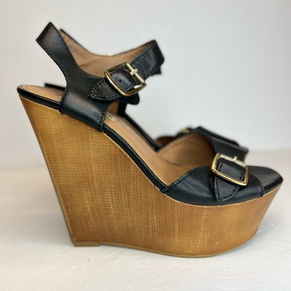Steve Madden Womens Breeann Platform Wedge Peep Toe Sandal Black Sz 8 Leather - Picture 2 of 10